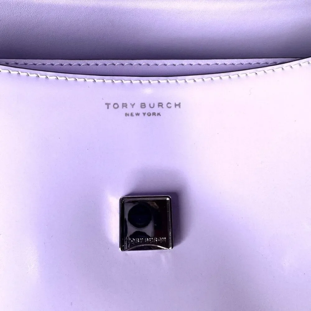 Tory Burch Purple Lavender Patent Leather Silver Logo Chain Britten Shoulder Bag